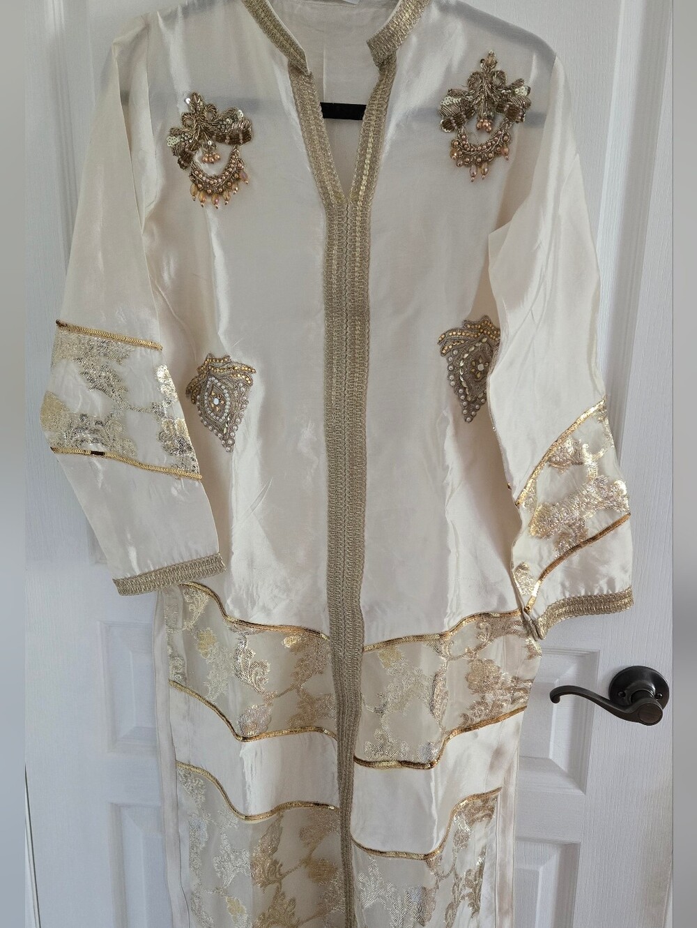 Elegant Women's Cream and Gold Embellished Long Coat